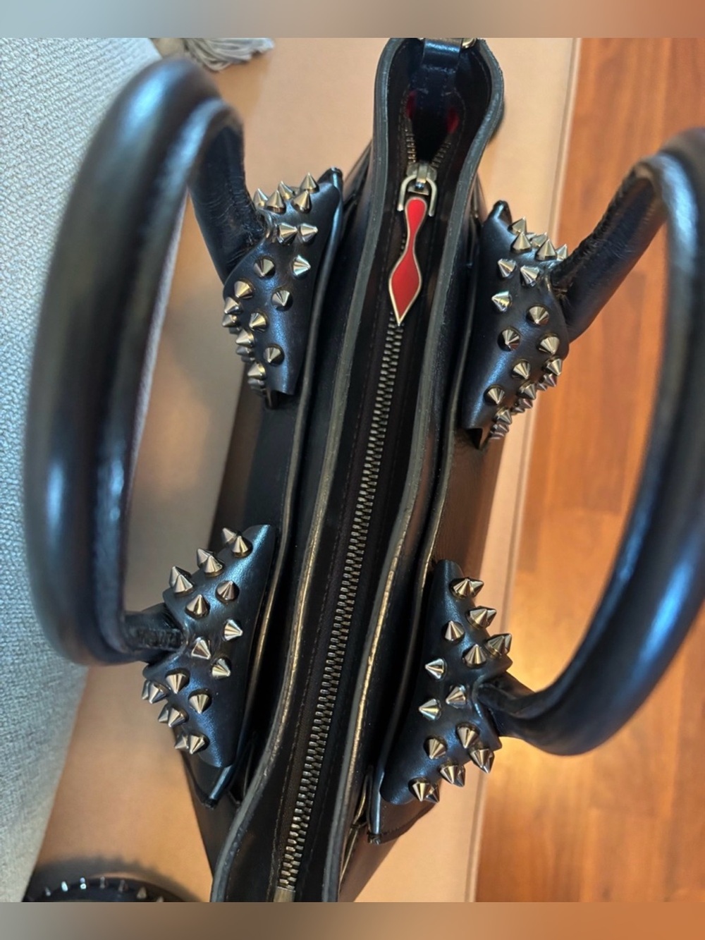 Authentic Christian Louboutin Small Eloise Black Leather Spiked Tote Crossbody - Picture 3 of 13